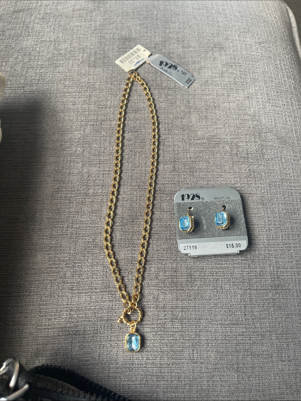 1928 Gold-Tone Necklace and Earring Set with Light Blue Crystals